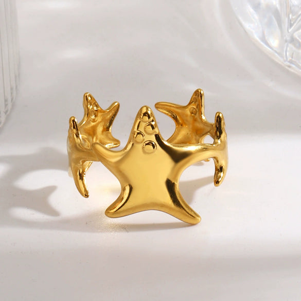 Women's Minimalist Starfish Open Ring In Gold Tone Stainless Steel With Electroplated Finish