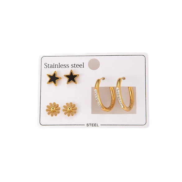 Women's Minimalist Titanium Steel Electroplated Daisy Star Earrings 3Piece Set