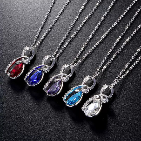 Women's Minimalist Water Drop Necklace With Blue Crystal And Zircon Inlay White Gold Electroplated Copper Pendant Box Chain