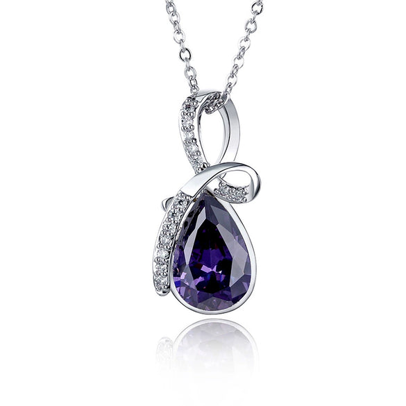 Women's Minimalist Water Drop Necklace With Blue Crystal And Zircon Inlay White Gold Electroplated Copper Pendant Box Chain