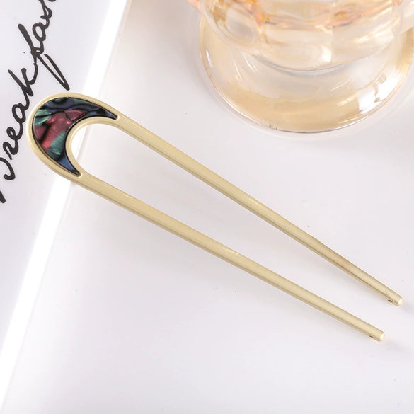 Women's Modern Minimalist Ushaped Acetate Hairpin With Frosted Metal Plate Detail Antiqueinspired Hair Accessory