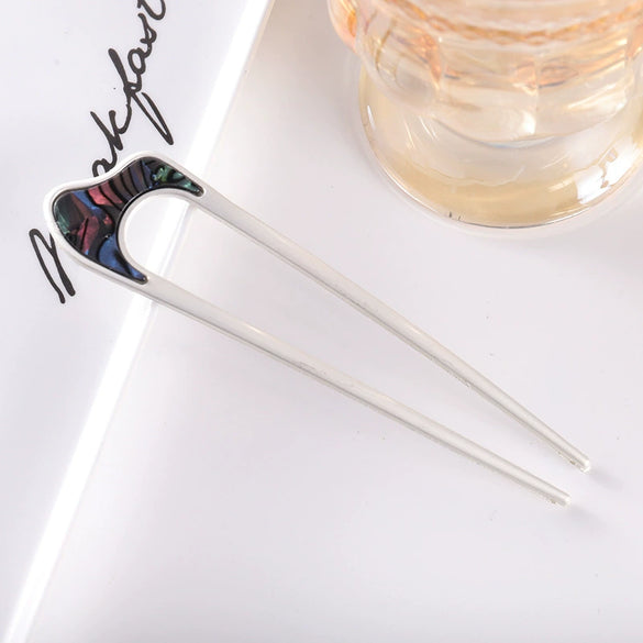 Women's Modern Minimalist Ushaped Acetate Hairpin With Frosted Metal Plate Detail Antiqueinspired Hair Accessory