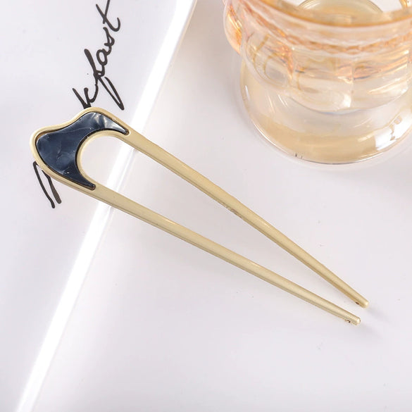 Women's Modern Minimalist Ushaped Acetate Hairpin With Frosted Metal Plate Detail Antiqueinspired Hair Accessory