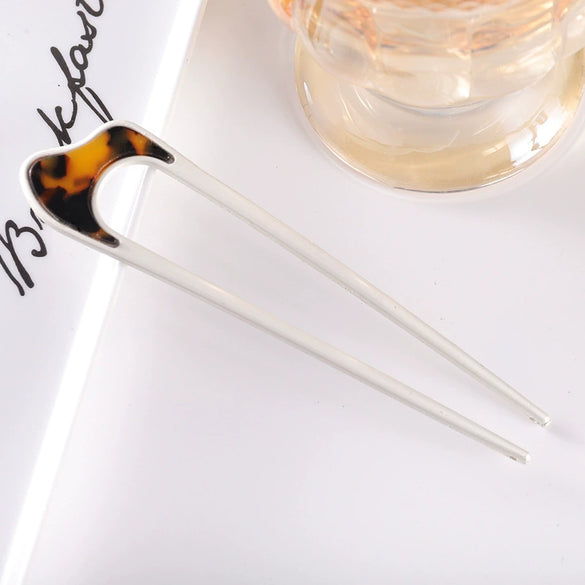 Women's Modern Minimalist Ushaped Acetate Hairpin With Frosted Metal Plate Detail Antiqueinspired Hair Accessory