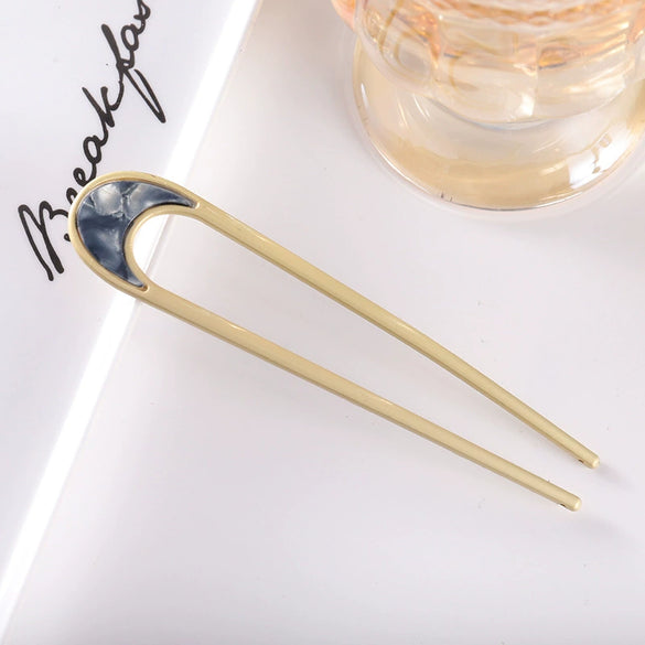 Women's Modern Minimalist Ushaped Acetate Hairpin With Frosted Metal Plate Detail Antiqueinspired Hair Accessory