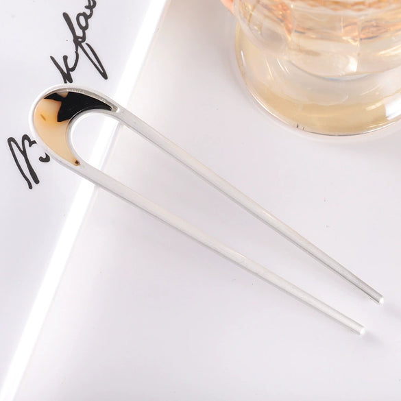 Women's Modern Minimalist Ushaped Acetate Hairpin With Frosted Metal Plate Detail Antiqueinspired Hair Accessory