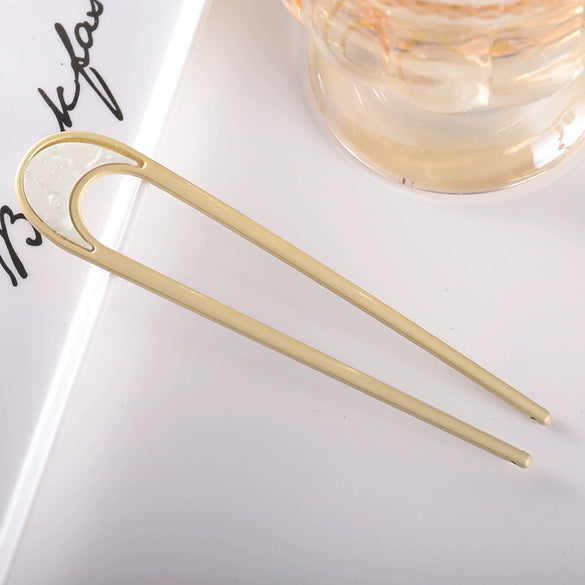 Women's Modern Minimalist Ushaped Acetate Hairpin With Frosted Metal Plate Detail Antiqueinspired Hair Accessory