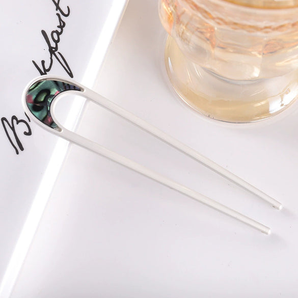Women's Modern Minimalist Ushaped Acetate Hairpin With Frosted Metal Plate Detail Antiqueinspired Hair Accessory