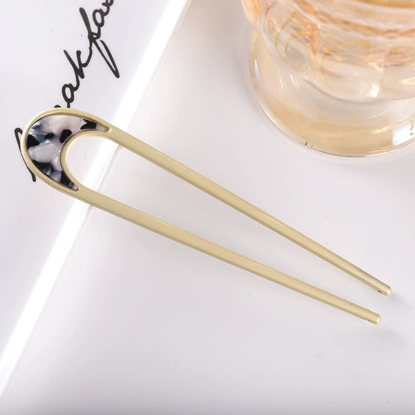 Women's Modern Minimalist Ushaped Acetate Hairpin With Frosted Metal Plate Detail Antiqueinspired Hair Accessory