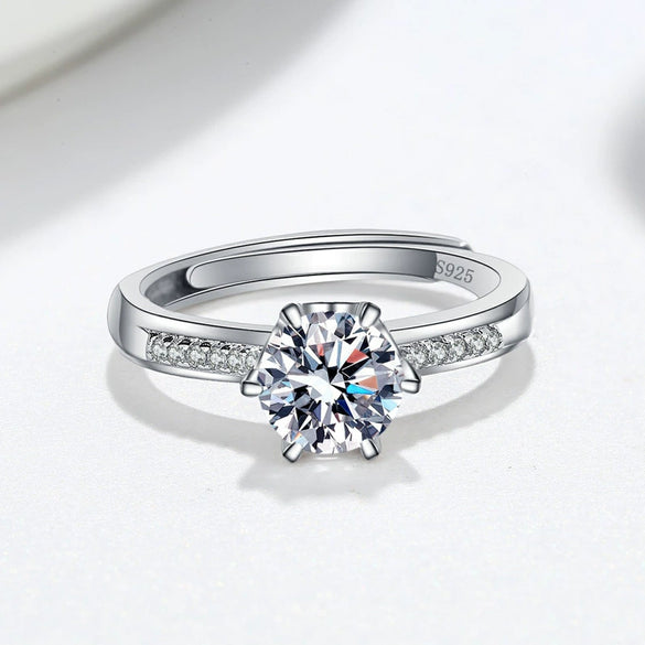 Women's Moissanite Ring In S925 Silver Geometric Single Row Six Claw Engagement Ring With Electroplated Finish