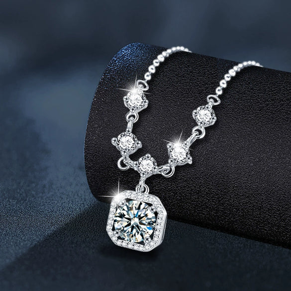 Women's Moissanite 925 Sterling Silver Tassel Necklace With Square Pendant And Cross Chain Ushape Design