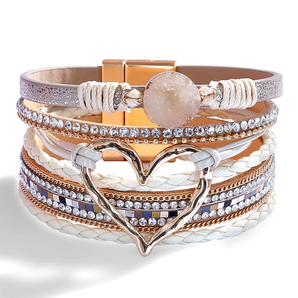 Women's Multi Layer Artificial Leather Bracelet With Magnetic Buckle Electroplated Heart And Geometric Full Rhinestone Wide Edge Design