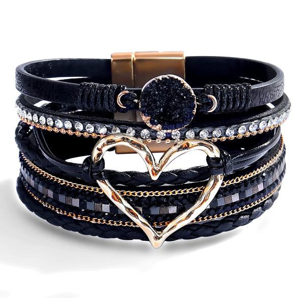 Women's Multi Layer Artificial Leather Bracelet With Magnetic Buckle Electroplated Heart And Geometric Full Rhinestone Wide Edge Design