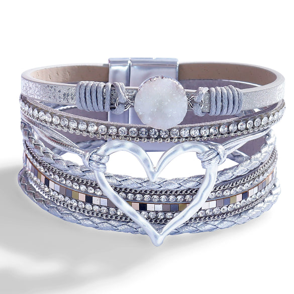 Women's Multi Layer Artificial Leather Bracelet With Magnetic Buckle Electroplated Heart And Geometric Full Rhinestone Wide Edge Design
