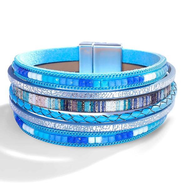 Women's Multi Layer Artificial Leather Bracelet With Magnetic Buckle Electroplated Heart And Geometric Full Rhinestone Wide Edge Design