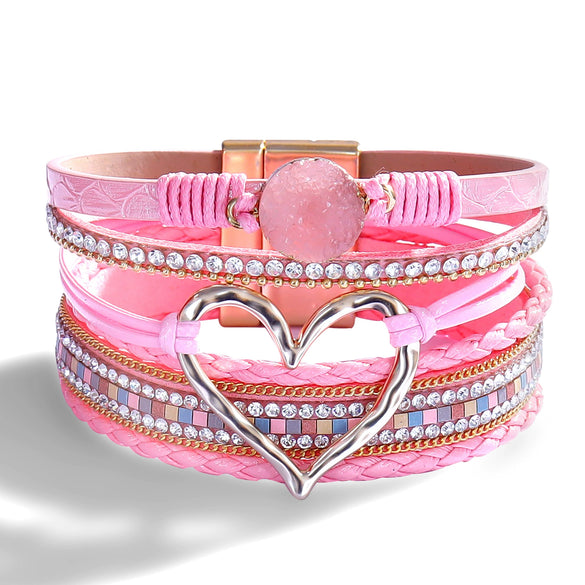 Women's Multi Layer Artificial Leather Bracelet With Magnetic Buckle Electroplated Heart And Geometric Full Rhinestone Wide Edge Design