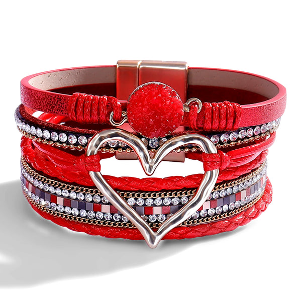 Women's Multi Layer Artificial Leather Bracelet With Magnetic Buckle Electroplated Heart And Geometric Full Rhinestone Wide Edge Design