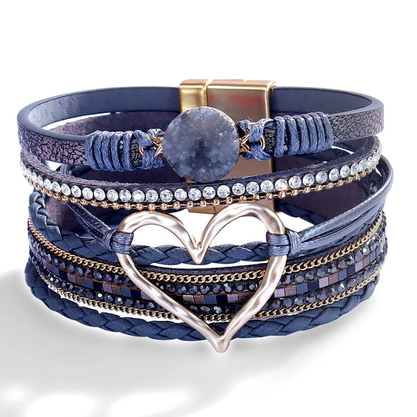 Women's Multi Layer Artificial Leather Bracelet With Magnetic Buckle Electroplated Heart And Geometric Full Rhinestone Wide Edge Design