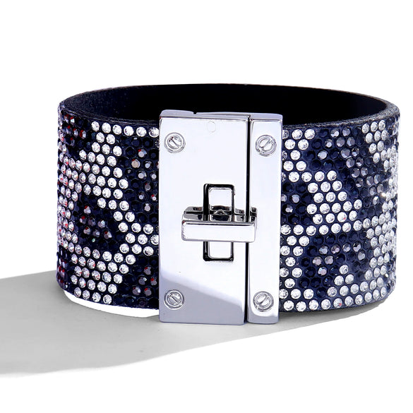Women's Multi Layer Artificial Leather Bracelet With Magnetic Buckle Electroplated Heart And Geometric Full Rhinestone Wide Edge Design