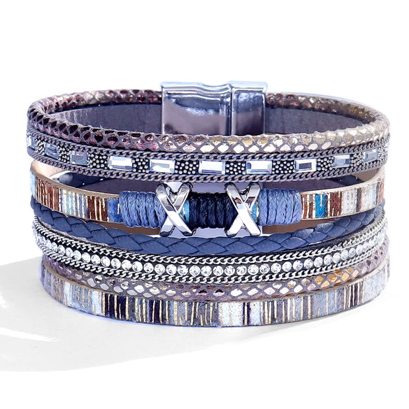 Women's Multi Layer Artificial Leather Bracelet With Magnetic Buckle Electroplated Heart And Geometric Full Rhinestone Wide Edge Design