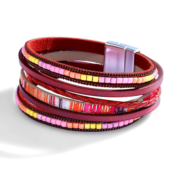 Women's Multi Layer Artificial Leather Bracelet With Magnetic Buckle Electroplated Heart And Geometric Full Rhinestone Wide Edge Design