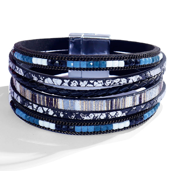 Women's Multi Layer Artificial Leather Bracelet With Magnetic Buckle Electroplated Heart And Geometric Full Rhinestone Wide Edge Design