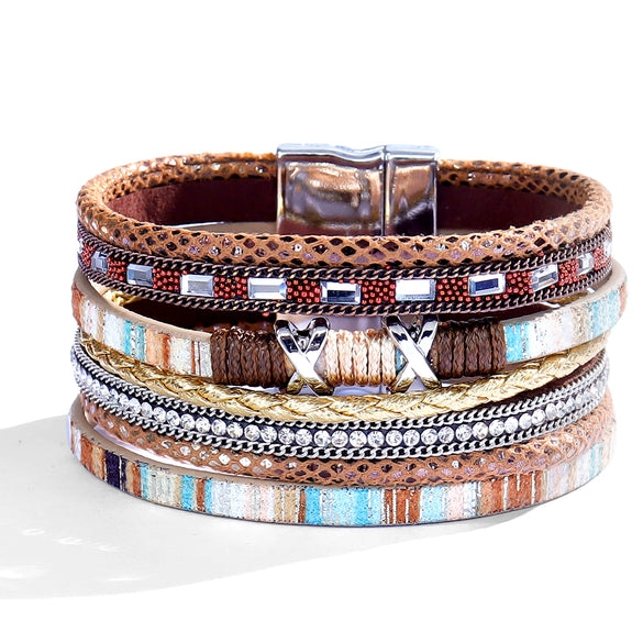 Women's Multi Layer Artificial Leather Bracelet With Magnetic Buckle Electroplated Heart And Geometric Full Rhinestone Wide Edge Design