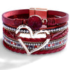 Women's Multi Layer Artificial Leather Bracelet With Magnetic Buckle Electroplated Heart And Geometric Full Rhinestone Wide Edge Design