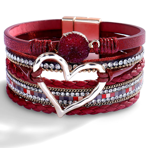 Women's Multi Layer Artificial Leather Bracelet With Magnetic Buckle Electroplated Heart And Geometric Full Rhinestone Wide Edge Design
