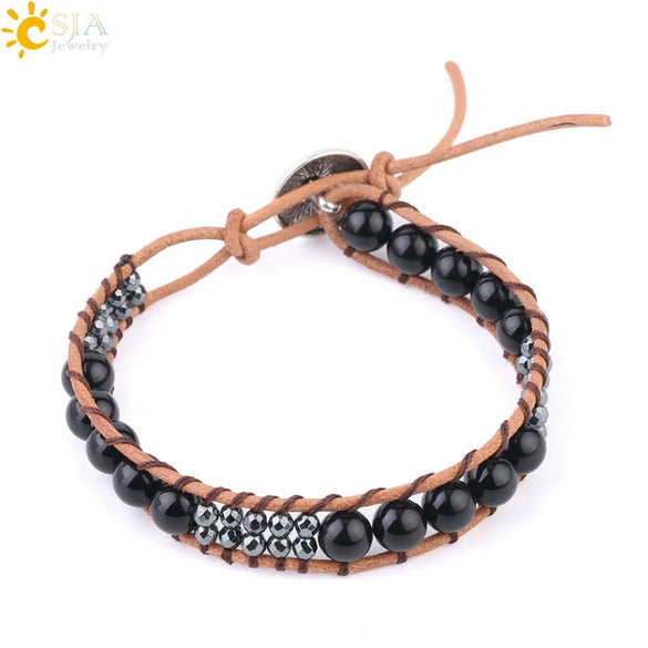 Women's Multi Layer Genuine Leather Bracelet With Natural Stone Beaded Woven Design And Electroplated Copper Alloy Accessories