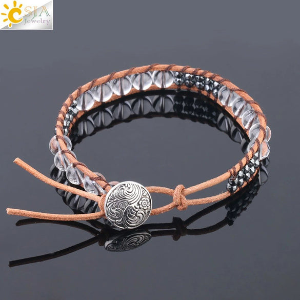 Women's Multi Layer Genuine Leather Bracelet With Natural Stone Beaded Woven Design And Electroplated Copper Alloy Accessories