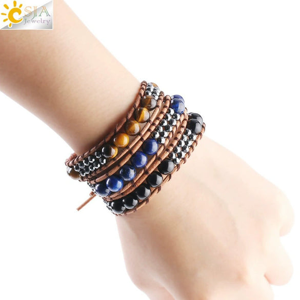 Women's Multi Layer Genuine Leather Bracelet With Natural Stone Beaded Woven Design And Electroplated Copper Alloy Accessories