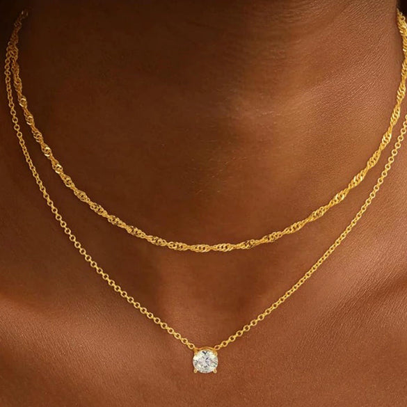 Women's Multi Layer Geometric Zircon Necklace Copper Clavicle Chain With Electroplated Simple Light Luxury Jewelry