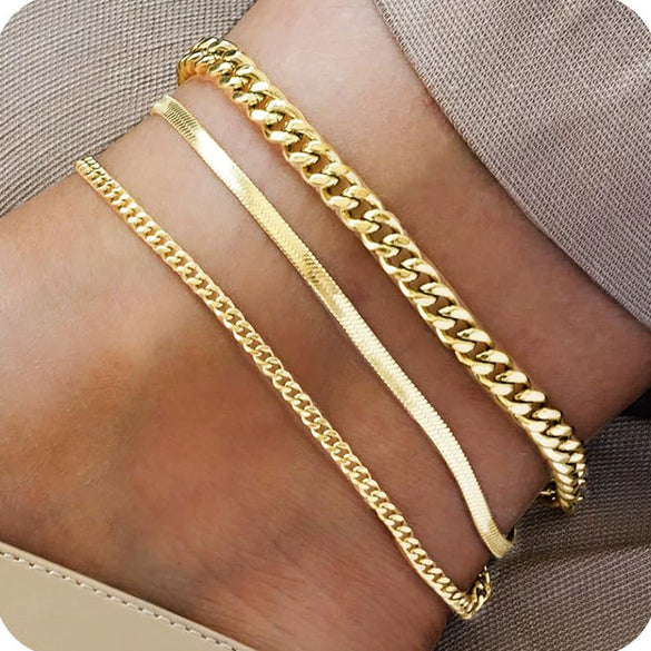 Women's Multi Layered Cuban Anklet Set Simple Fashion Stainless Steel Geometric Chain Anklet Jewelry
