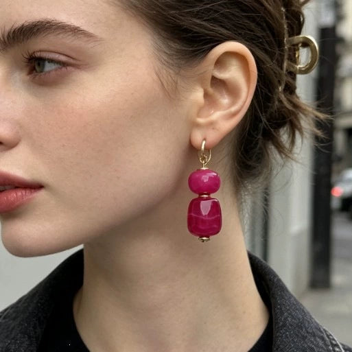 Women's Multicolor Geometric Resin Statement Earrings With Handmade Beaded Detailing And Stainless Steel Ear Posts
