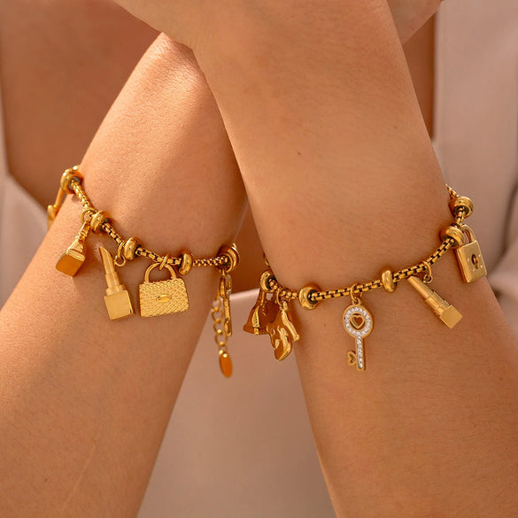 Women's Multielement Geometric Diamond Pendant Adjustable Retro 316L Stainless Steel 18K Gold Plated Bracelet