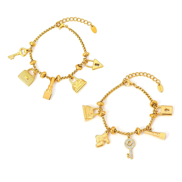 Women's Multielement Geometric Diamond Pendant Adjustable Retro 316L Stainless Steel 18K Gold Plated Bracelet