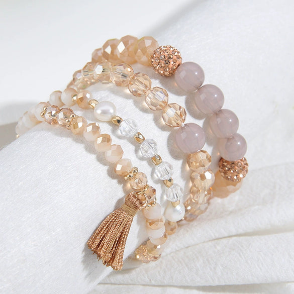 Women's Multilayer Beads Bracelet Set With Bohemian Tassel Pendant And Geometric Style