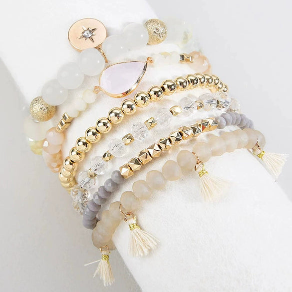 Women's Multilayer Beads Bracelet Set With Bohemian Tassel Pendant And Geometric Style
