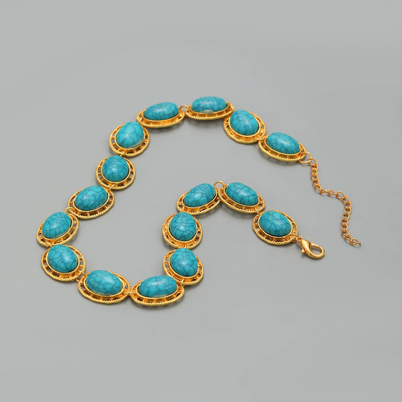Women's Multilayer Oval Resin Turquoise Necklace With Geometric Pattern And Snake Bone Chain Hiphop Accessories