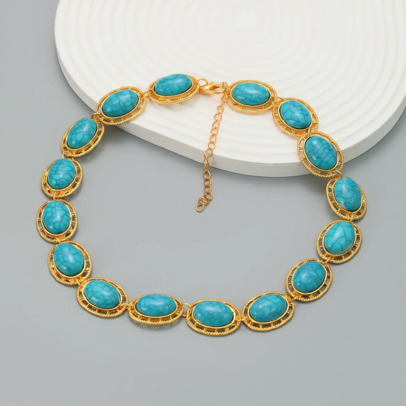 Women's Multilayer Oval Resin Turquoise Necklace With Geometric Pattern And Snake Bone Chain Hiphop Accessories