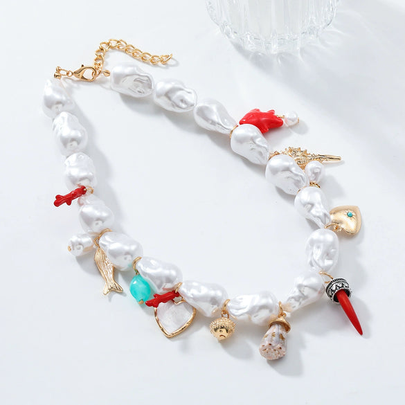 Women's Multilayer Retro Necklace With Imitation Pearls Alloy Heart And Fish Pendant Handmade In Geometric Animal Zodiac Style