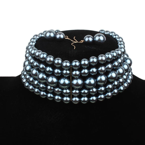 Women's Multilayered Collar Necklace Set Jewelry Imitation Pearl Snake Bone Chain Geometric French Retro Pearlescent Treatment