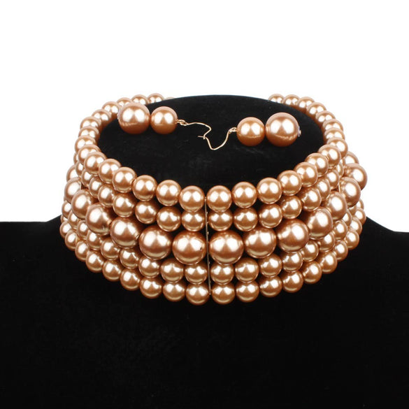 Women's Multilayered Collar Necklace Set Jewelry Imitation Pearl Snake Bone Chain Geometric French Retro Pearlescent Treatment