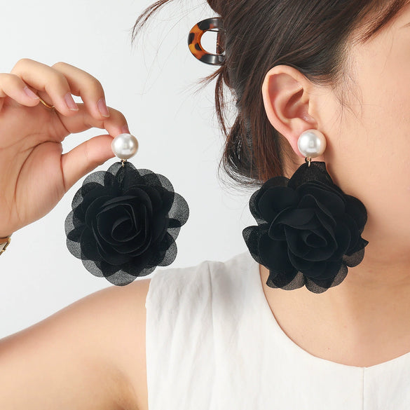 Women's Multilayered Threedimensional Chiffon Earrings Plastic Resin Flower Hand Knitted Chic Style