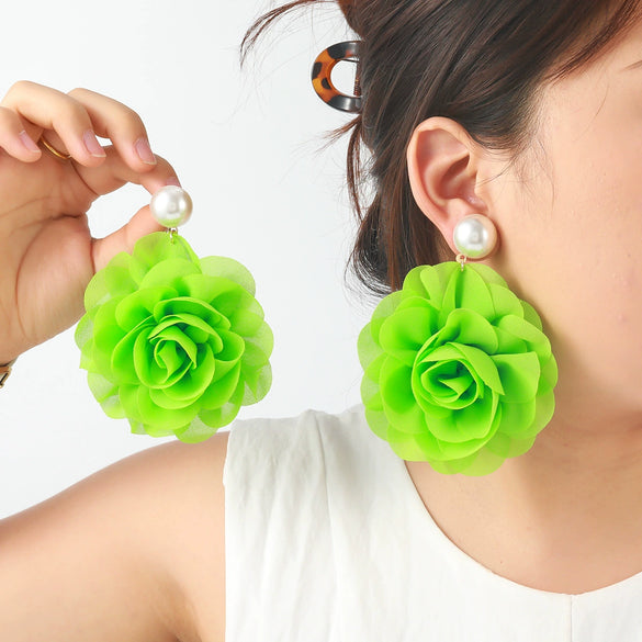 Women's Multilayered Threedimensional Chiffon Earrings Plastic Resin Flower Hand Knitted Chic Style