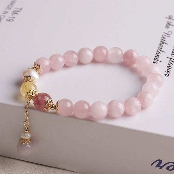 Women's Natural Aquamarine Crystal And Strawberry Crystal Pearl Handmade Geometric Design Bracelet Jewelry