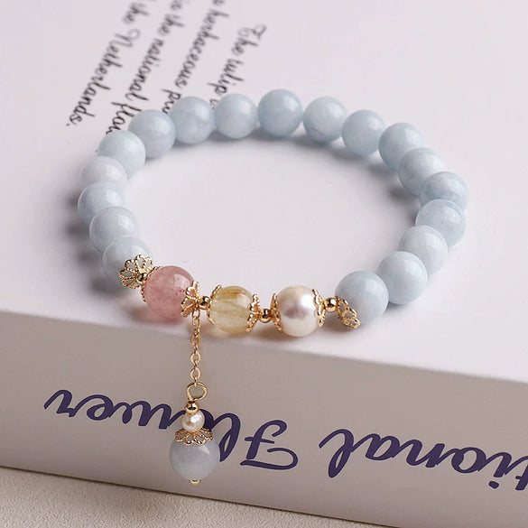 Women's Natural Aquamarine Crystal And Strawberry Crystal Pearl Handmade Geometric Design Bracelet Jewelry