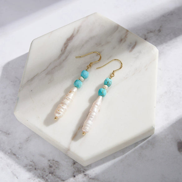 Women's Natural Baroque Turquoise Silver Earrings With Gold Ear Hook Minimalist Style