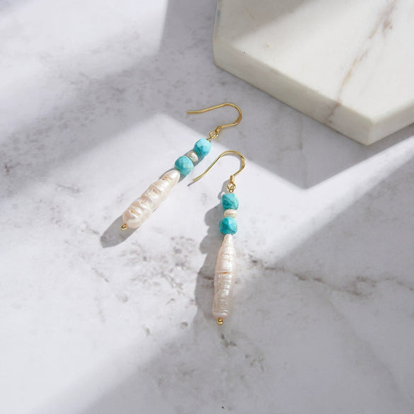 Women's Natural Baroque Turquoise Silver Earrings With Gold Ear Hook Minimalist Style